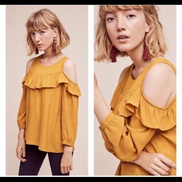 Anthropologie Maeve Brearly Open Shoulder Top Ruffle Blouse Yellow Boho 4 - Picture 12 of 13
